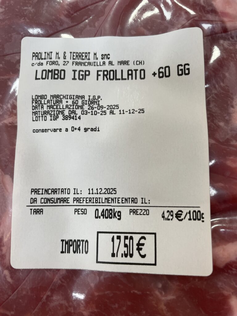 Lombo frollatura +60gg   I.G.P. vitellone bianco dell’appennino centrale(Marchiana)